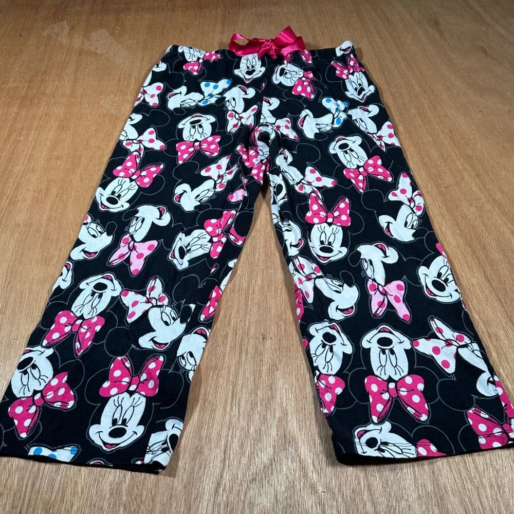 Disney Minnie Mouse Pajama Pants Women M Black Pink Polka Dot Bow Sleepwear